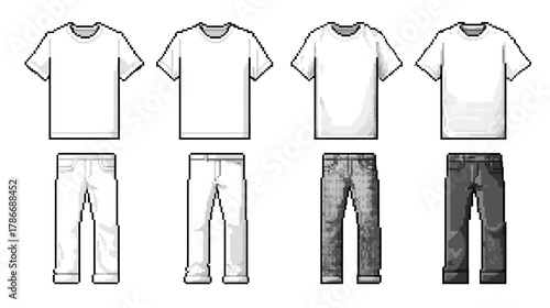 Pixel art vector set of blank white t-shirts, white pants, gray, and black jeans for casual fashion apparel design templates and icons.