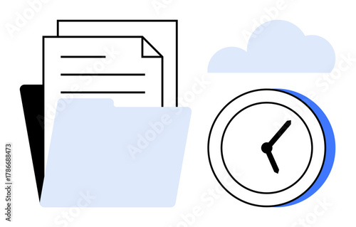 Open folder with stacked documents, clock displaying time, and a cloud. Ideal for productivity, time tracking, cloud storage, workflow efficiency, organization, digital office systems and simple