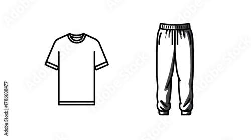 Minimalist outline icons of a t-shirt and sweatpants. Simple vector illustration of basic casual apparel set.
