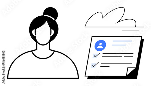 Female figure with top bun alongside a document featuring a checklist and user icon. Ideal for personal identification, user profile creation, task organization, HR processes, documentation