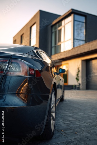 Modern electric car parked outside a sleek contemporary house during sunset