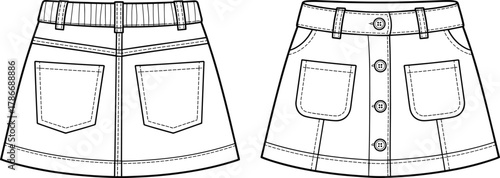 Back and front technical fashion sketch of two A-line skirts with patch pockets, button placket, elastic waistband, belt loops, topstitching, garment construction details