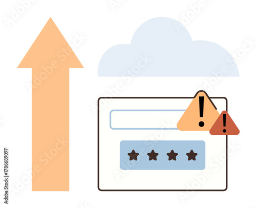 Orange arrow pointing upward, cloud icon, web interface with stars, two warning icons. Ideal for data security, cloud storage, file upload, cyber risk, user feedback caution simple flat metaphor
