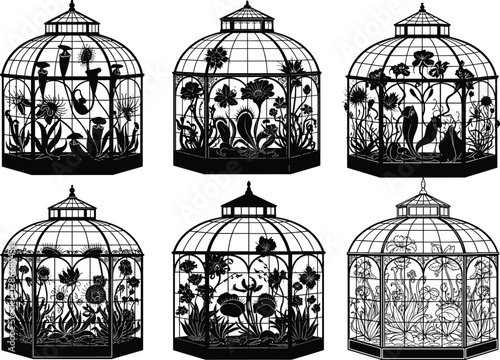 Botanical terrarium silhouette, black floral conservatory art, intricate plant design, vintage garden dome, exotic flower illustration, nature decor, ornamental greenhouse, elegant botanical 