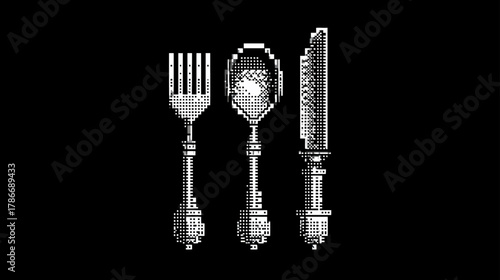 Pixel art cutlery set featuring fork, spoon, and knife in monochrome style on a black background, retro digital food concept