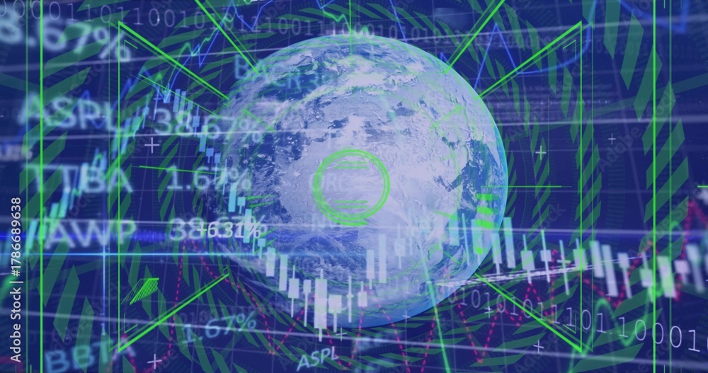 Fototapeta premium Rotating central Earth globe showing candlestick, volume bars and binary overlays on dark blue grid