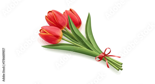 Charming bouquet of vibrant red tulips with delicate red ribbon, vector art