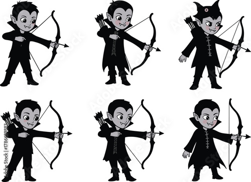 Cartoon vampire archers, fantasy bowmen characters, gothic style illustration, spooky undead warriors, Halloween themed design, animated vampire hunters, dark costume archery pose, vector artwork