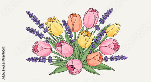 Elegant floral arrangement featuring pastel tulips and lavender illustration