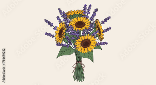 Enchanting bouquet featuring sunflowers and lavender illustration design