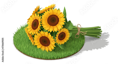 Radiant sunflowers on verdant grass create an artistic floral arrangement