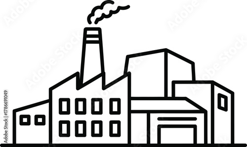 A black outline of a factory emits smoke in this transparent background image