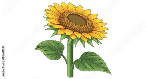 Single sunflower blossom illustration, bold colors and botanical details