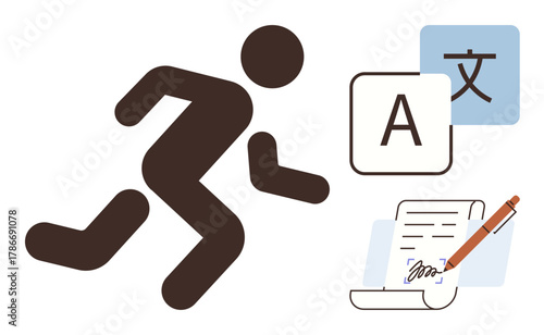 Person silhouette running alongside translation elements, language symbols, and a document with a pen. Ideal for translation, global communication, education, efficiency, writing, productivity