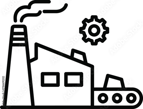 A simple black line art factory emits pollution near a gear icon