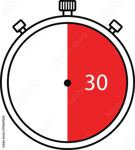 A stopwatch displays thirty seconds with half the timer face in vibrant red