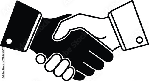 Black and white handshake suggests partnership, agreement, or business deal in a simple line icon