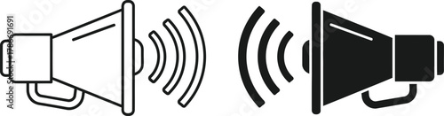 Black and white megaphone icons broadcast sound waves in a minimalist style