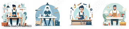 a man repairing furniture at home, flat design, simple and clean, white background