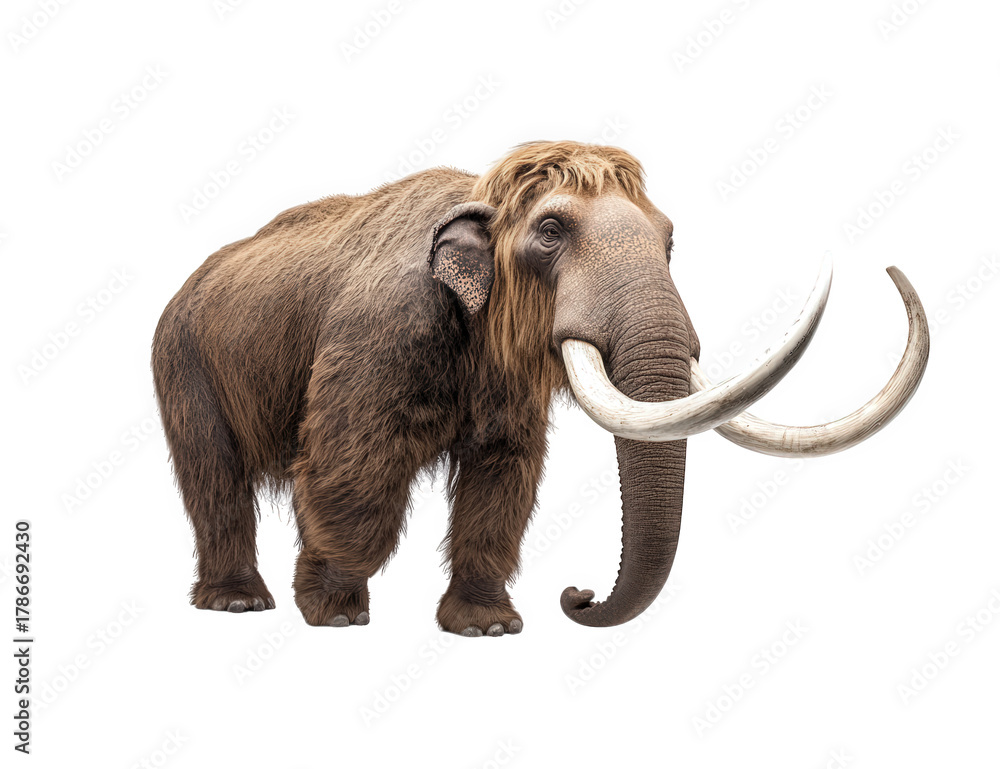 Obraz premium Woolly mammoth isolated on transparent background, showcasing its thick fur, long curved tusks, and robust build, representing prehistoric wildlife and extinct species