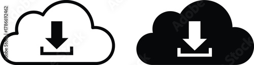 Cloud icons with arrow are displayed in both filled and outlined styles against white