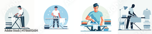 a person ironing clothes, flat design, minimal style, white background
