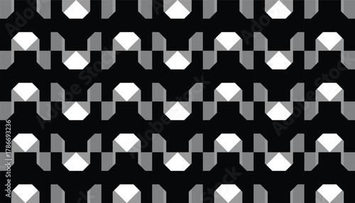 A seamless abstract pattern composed of layered geometric blocks in monochrome shades. The rhythmic repetition and clean structure deliver a futuristic, stylish, and versatile look