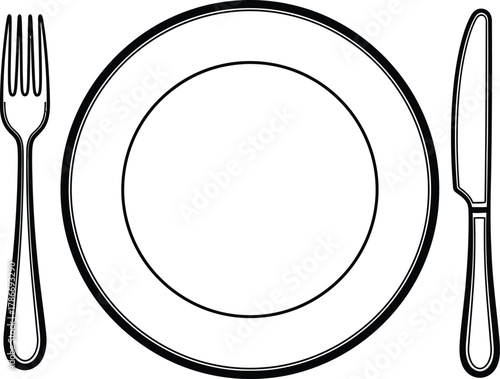 Elegant place setting features a round plate, a fork, and a knife with transparent background
