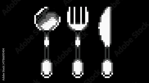 Retro 8-bit pixel art illustration of dining kitchen utensils: ladle, fork, and knife set on black. Vintage video game food icon.
