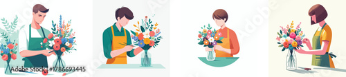 a person arranging flowers in a vase, flat design, white background