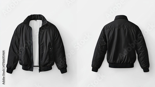 Versatile black bomber jacket mockup with front and rear views. Stylish unisex outerwear apparel template for fashion design and branding, isolated on a clean background