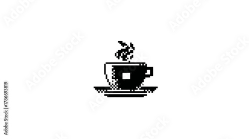 Pixel art icon of a steaming coffee cup on a saucer, minimalist black and white digital graphic with retro 8-bit style.