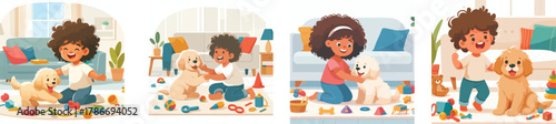 a child playing with a pet in the living room, flat design, white background