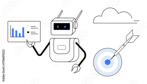 Robot presenting data charts while a dart hits a target, symbolizing accuracy and AI-driven decision-making. Ideal for technology, data analysis, innovation, automation, goal setting, AI, digital