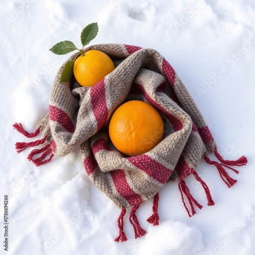 Two oranges wrapped in a cozy scarf on snow background during winter for cozy vibes