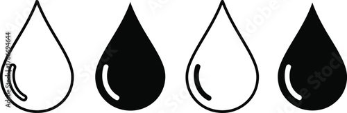 Line drawing of four water droplets is presented on a transparent background