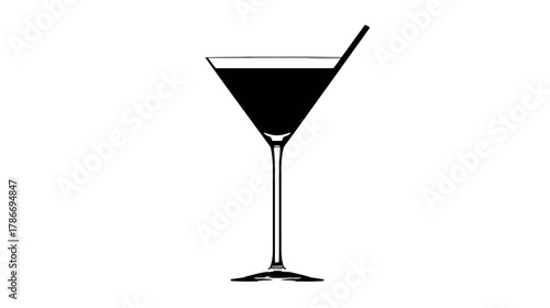 Elegant Black Cocktail Glass Vector Illustration. Stylized Martini Drink Silhouette Icon for Bar Menu and Party Design.