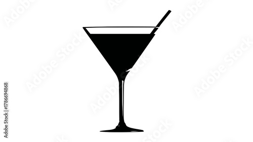 Elegant Martini Cocktail Glass Silhouette with Stir Stick Vector Icon Isolated on White Background