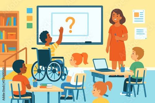 Inclusive Classroom with Wheelchair Student Actively Participating in Lesson