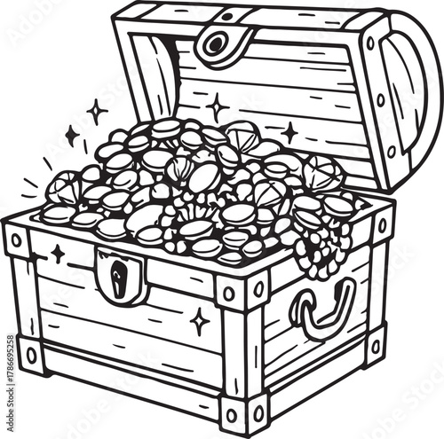  Open treasure chest overflowing with sparkling gold coins and precious jewels, black and white outline, isolated white background