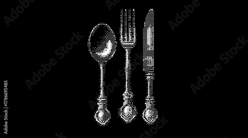 Elegant Vintage Silverware Set with Spoon, Fork, and Knife Isolated on Black. Classic Dining Utensils Engraving Style.