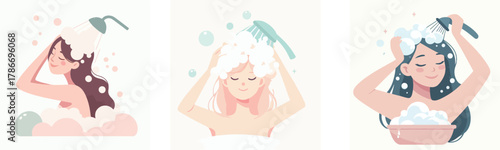 woman washing hair with bubbles, flat design, simple clean aesthetic, white background