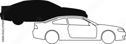 Outline sports car next to a solid shadow car creates a sleek contrast