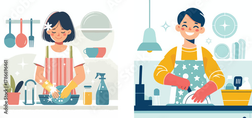 a man washing dishes in the kitchen, flat design, minimalistic, white background