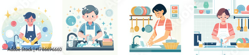 a man washing dishes in the kitchen, flat design, minimalistic, white background