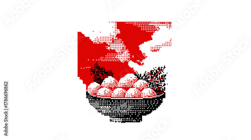 Vibrant pixel art illustration of sweet glutinous rice balls in a bowl against a dramatic red sky, celebrating Asian traditions
