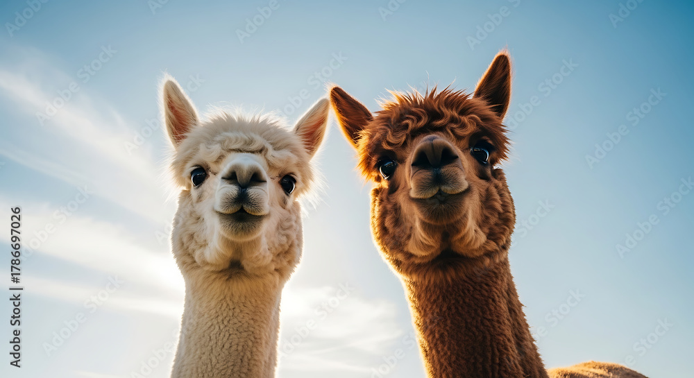Naklejka premium Two alpacas, one white and one brown, gaze directly at the camera under a bright blue sky.