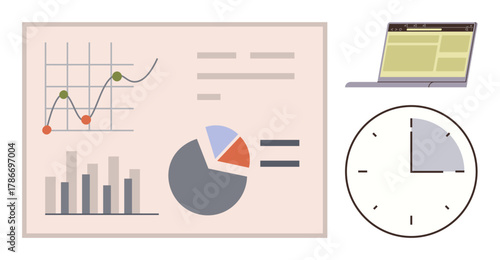 Chartboard with graphs and pie chart, laptop showcasing work screen, clock indicating time. Ideal for analytics, time tracking, productivity, planning, business strategies research workflow. Simple