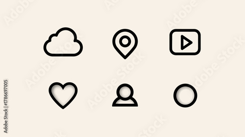 Modern minimalist outline icons for social media, mobile app UI/UX, and web design, featuring cloud, location, video, like, user, and menu symbols.