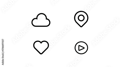 Minimalist line icon set for web design and app UI, featuring cloud storage, location, heart, and play symbols